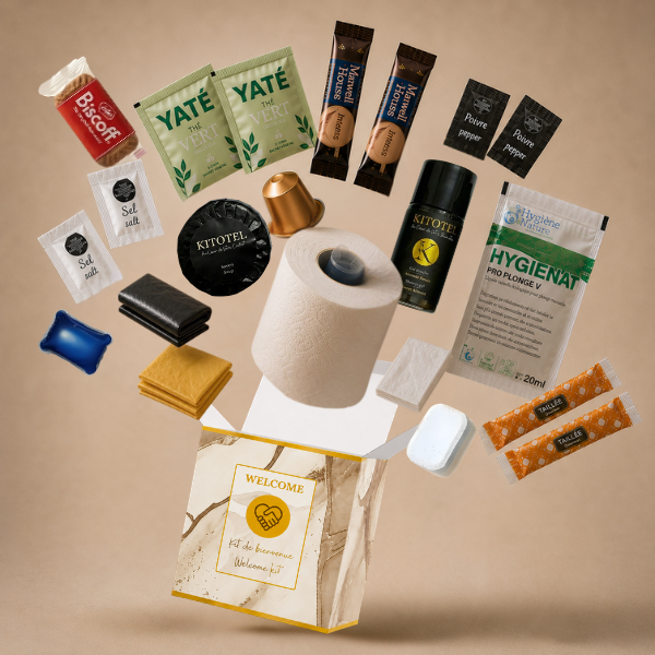 Kit d'accueil personnalisé Airbnb boîte premium blanche et dorée Kitotel