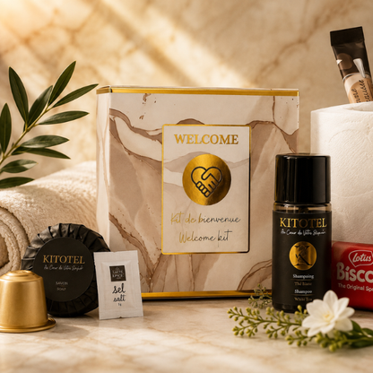 Composition kit d'accueil personnalisable avec papier toilette et capsules café